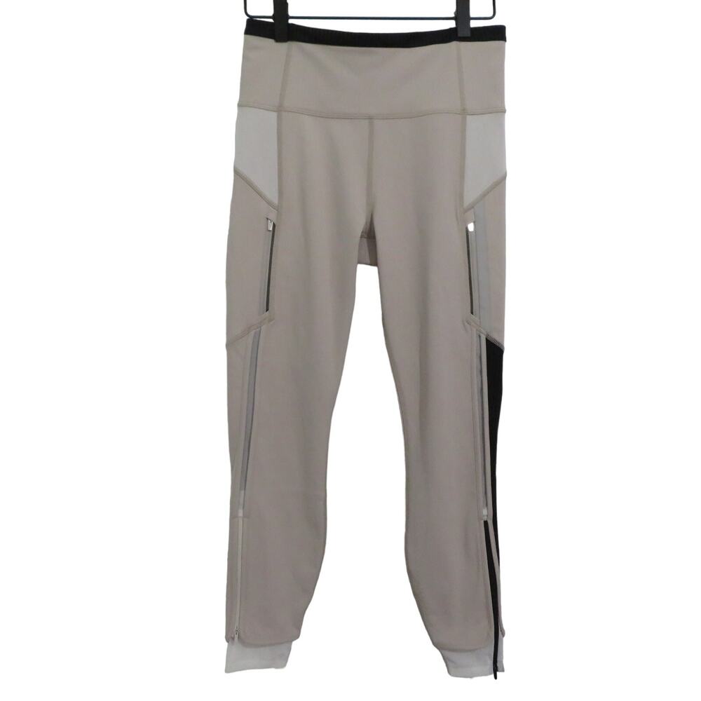 Athleta Womens Sz S Beige Cream Black Colorblock Zippered Pocket Leggings